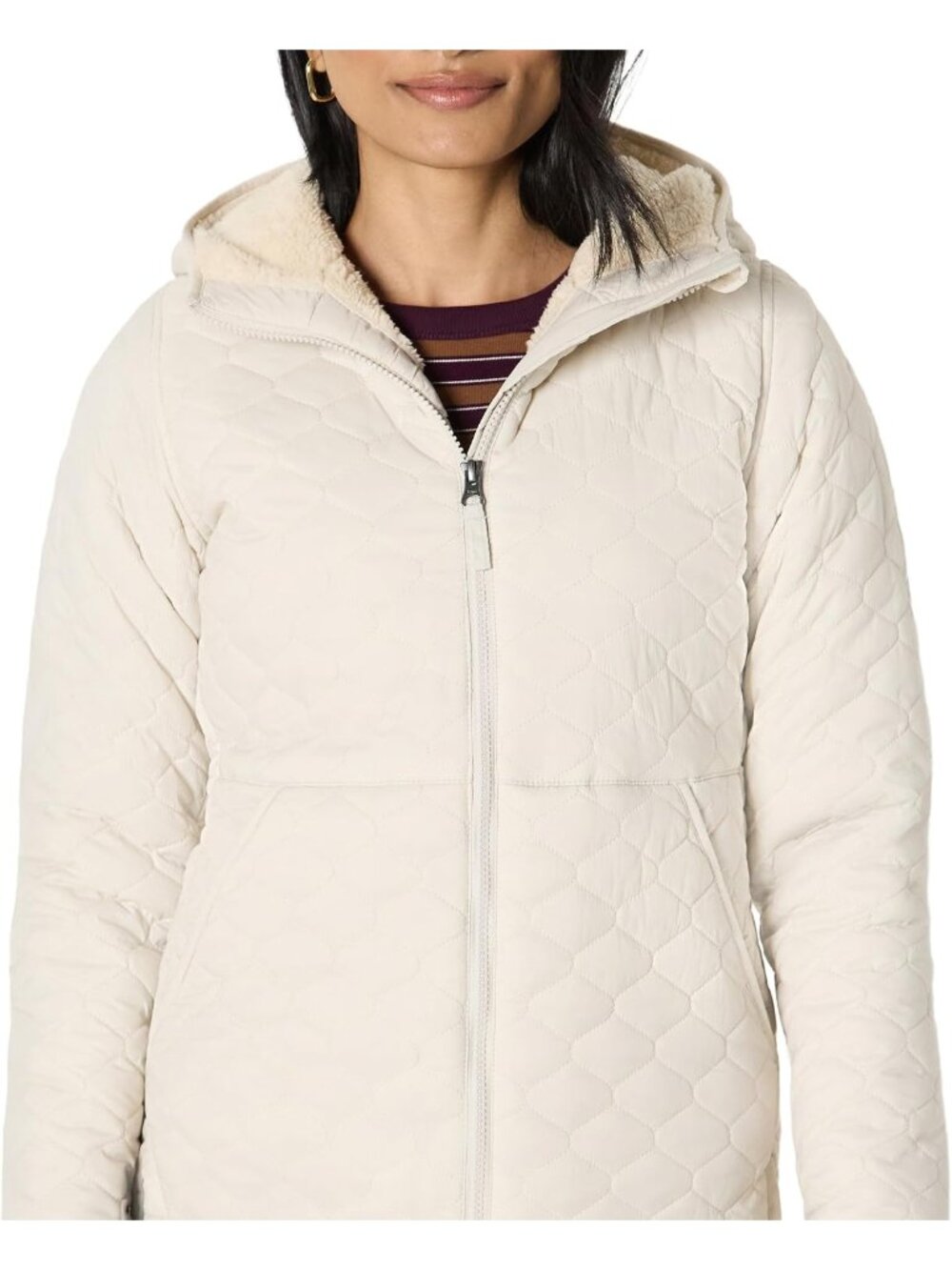 Womens Stone Fleece Hooded Full-zip Faux-sherpa Pocket Lightweight Puffer Jacket